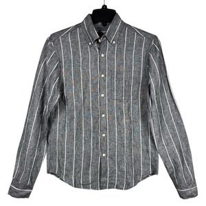 Alex Crane 100% Linen Button Down Shirt Mens Small Gray Striped Lightweight